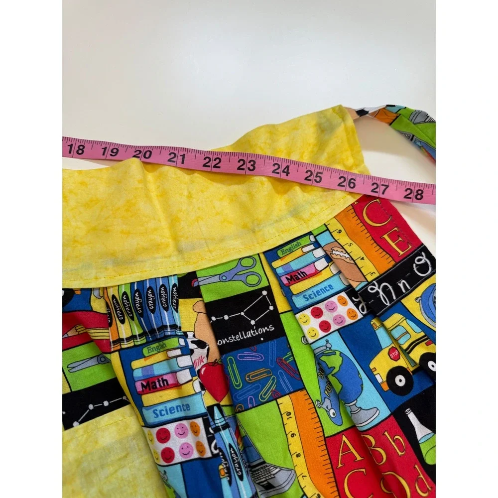Handmade School Supply Print Half Apron Yellow Pockets Pleated